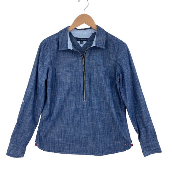 Tommy Hilfiger Shirt Women Small Blue Chambray Long Sleeve Logo Half Zip Popover - Picture 1 of 15